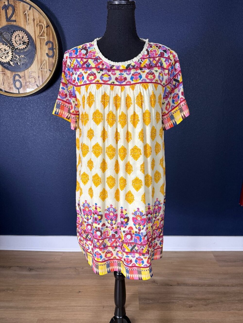 Tanvi Kedia Anthropologie Caltha Yellow Floral Beaded Boho Swing Dress | S